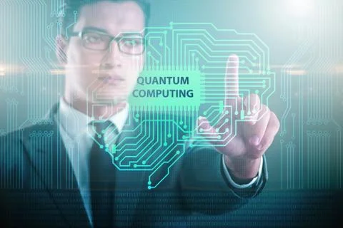 Businessman pressing virtual button in quantum computing concept 库存照片