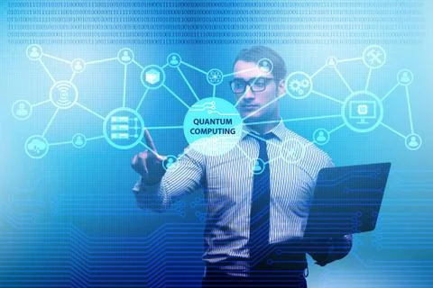 Businessman pressing virtual button in quantum computing concept 库存照片