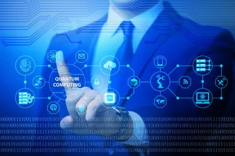 Businessman pressing virtual button in quantum computing concept 库存照片