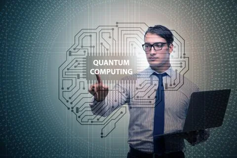 Businessman pressing virtual button in quantum computing concept 库存照片