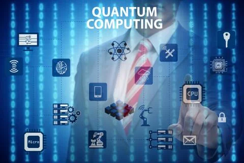Businessman pressing virtual button in quantum computing concept Stockfoto's