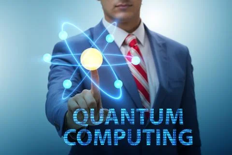 Businessman pressing virtual button in quantum computing concept 库存照片