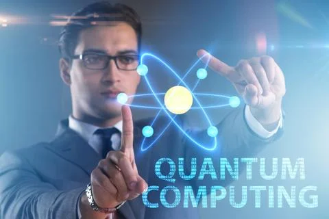 Businessman pressing virtual button in quantum computing concept Stockfoto's