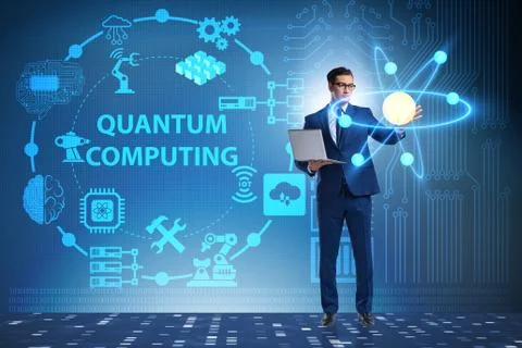 Businessman pressing virtual button in quantum computing concept Stockfoto's