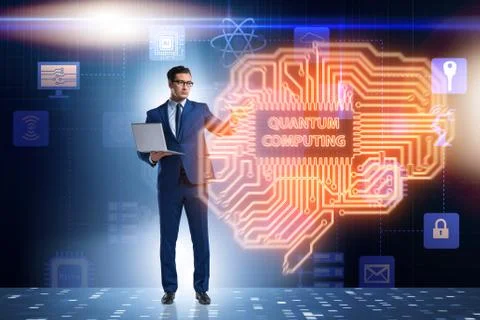 Businessman pressing virtual button in quantum computing concept Stockfoto's