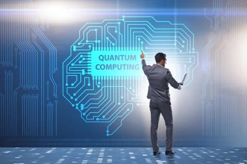 Businessman pressing virtual button in quantum computing concept 库存照片