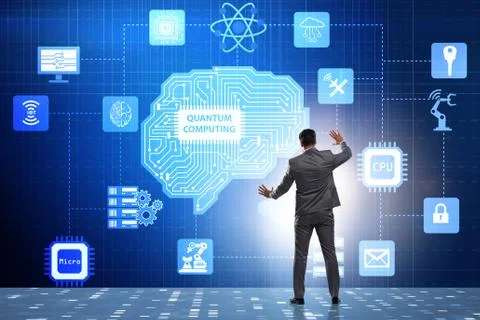 Businessman pressing virtual button in quantum computing concept 库存照片