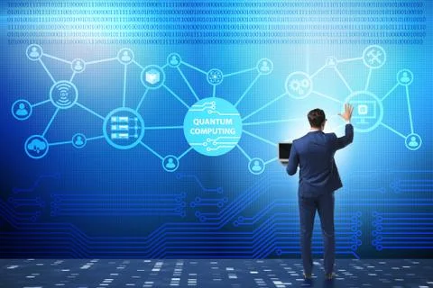 Businessman pressing virtual button in quantum computing concept 库存照片
