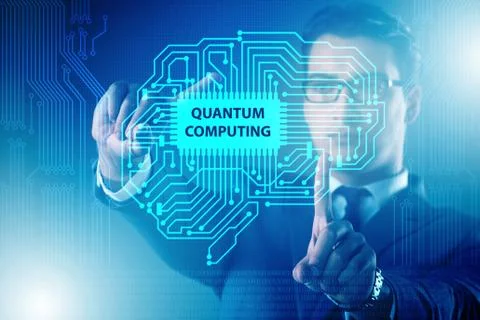 Businessman pressing virtual button in quantum computing concept Stock Photos