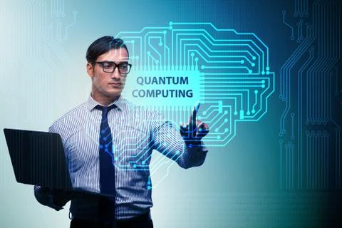 Businessman pressing virtual button in quantum computing concept Stock Photos