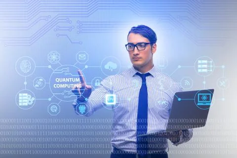 Businessman pressing virtual button in quantum computing concept Stock-Fotos