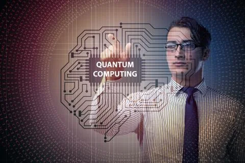 Businessman pressing virtual button in quantum computing concept 库存照片