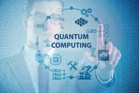 Businessman pressing virtual button in quantum computing concept Stockfoto's