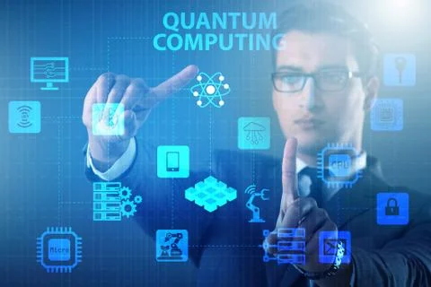 Businessman pressing virtual button in quantum computing concept 库存照片