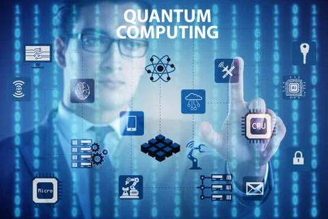 Businessman pressing virtual button in quantum computing concept Stockfoto's