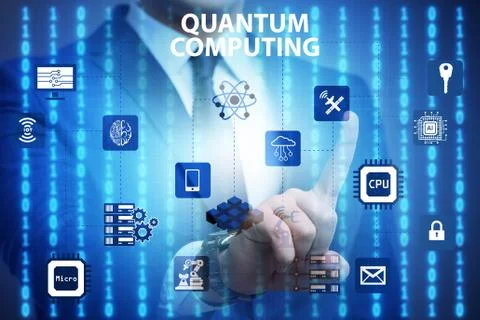 Businessman pressing virtual button in quantum computing concept 스톡 사진