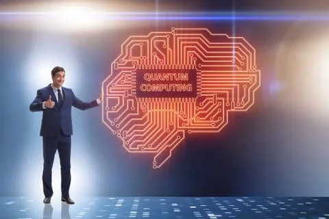 Businessman pressing virtual button in quantum computing concept 库存照片