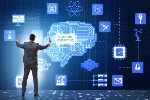 Businessman pressing virtual button in quantum computing concept 스톡 사진