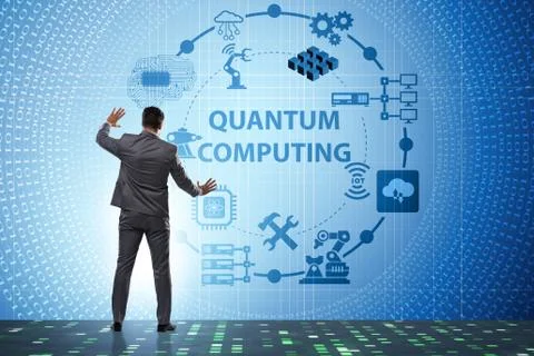 Businessman pressing virtual button in quantum computing concept 스톡 사진