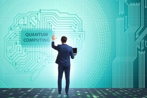 Businessman pressing virtual button in quantum computing concept 库存照片