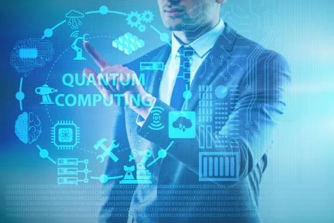 Businessman pressing virtual button in quantum computing concept 写真素材