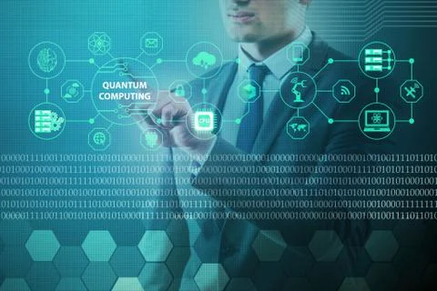 Businessman pressing virtual button in quantum computing concept Stock Photos