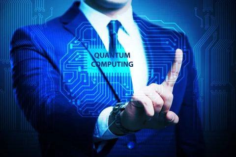 Businessman pressing virtual button in quantum computing concept 스톡 사진