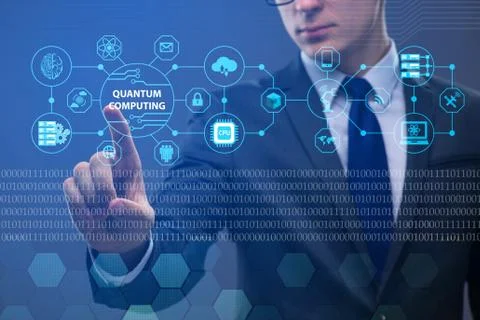 Businessman pressing virtual button in quantum computing concept 스톡 사진