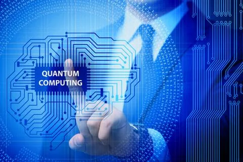 Businessman pressing virtual button in quantum computing concept Stockfoto's