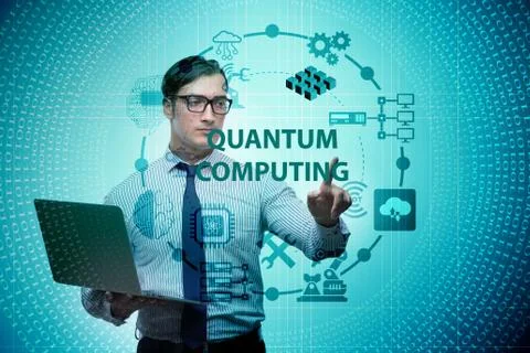 Businessman pressing virtual button in quantum computing concept Stockfoto's