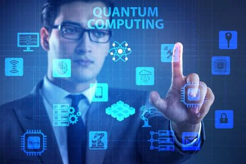 Businessman pressing virtual button in quantum computing concept 写真素材