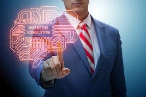 Businessman pressing virtual button in quantum computing concept 写真素材