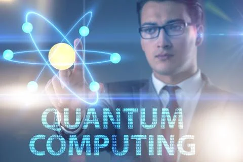 Businessman pressing virtual button in quantum computing concept Stock Photos