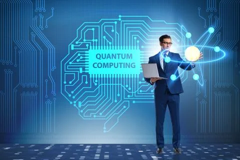 Businessman pressing virtual button in quantum computing concept Stockfoto's