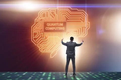 Businessman pressing virtual button in quantum computing concept Stockfoto's