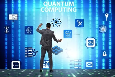 Businessman pressing virtual button in quantum computing concept 库存照片
