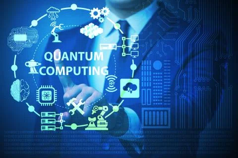 Businessman pressing virtual button in quantum computing concept 库存照片