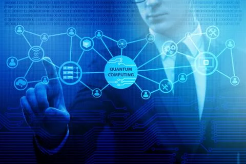 Businessman pressing virtual button in quantum computing concept 库存照片