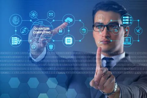 Businessman pressing virtual button in quantum computing concept 库存照片