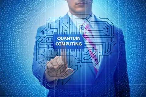 Businessman pressing virtual button in quantum computing concept Foto stock