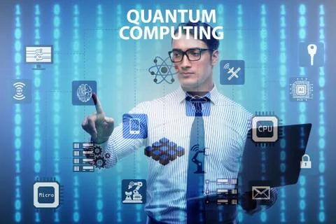Businessman pressing virtual button in quantum computing concept Foto stock