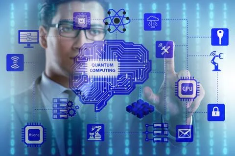 Businessman pressing virtual button in quantum computing concept 库存照片