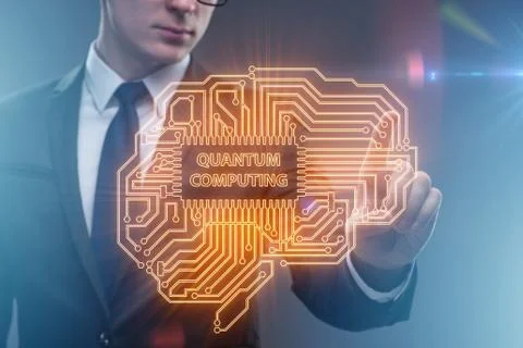 Businessman pressing virtual button in quantum computing concept Stock Photos