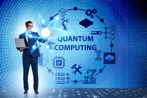 Businessman pressing virtual button in quantum computing concept Stockfoto's