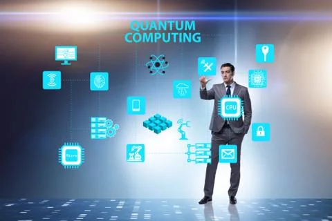 Businessman pressing virtual button in quantum computing concept Stock Photos