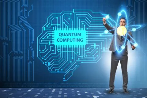 Businessman pressing virtual button in quantum computing concept 스톡 사진