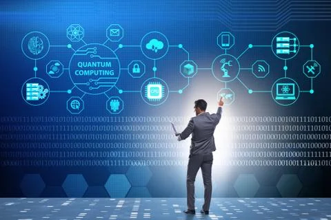 Businessman pressing virtual button in quantum computing concept Stockfoto's