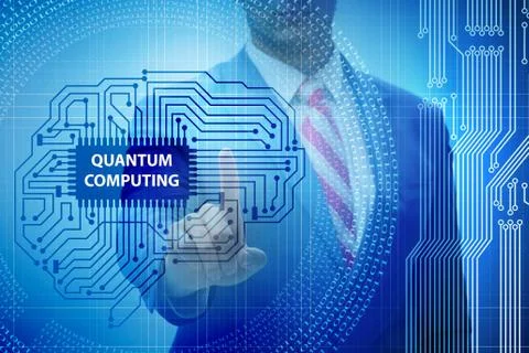 Businessman pressing virtual button in quantum computing concept 库存照片
