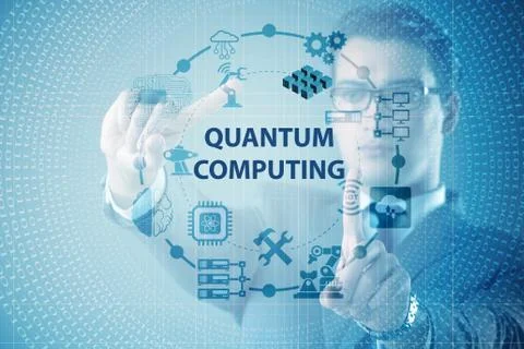 Businessman pressing virtual button in quantum computing concept 스톡 사진