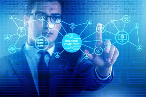 Businessman pressing virtual button in quantum computing concept 写真素材